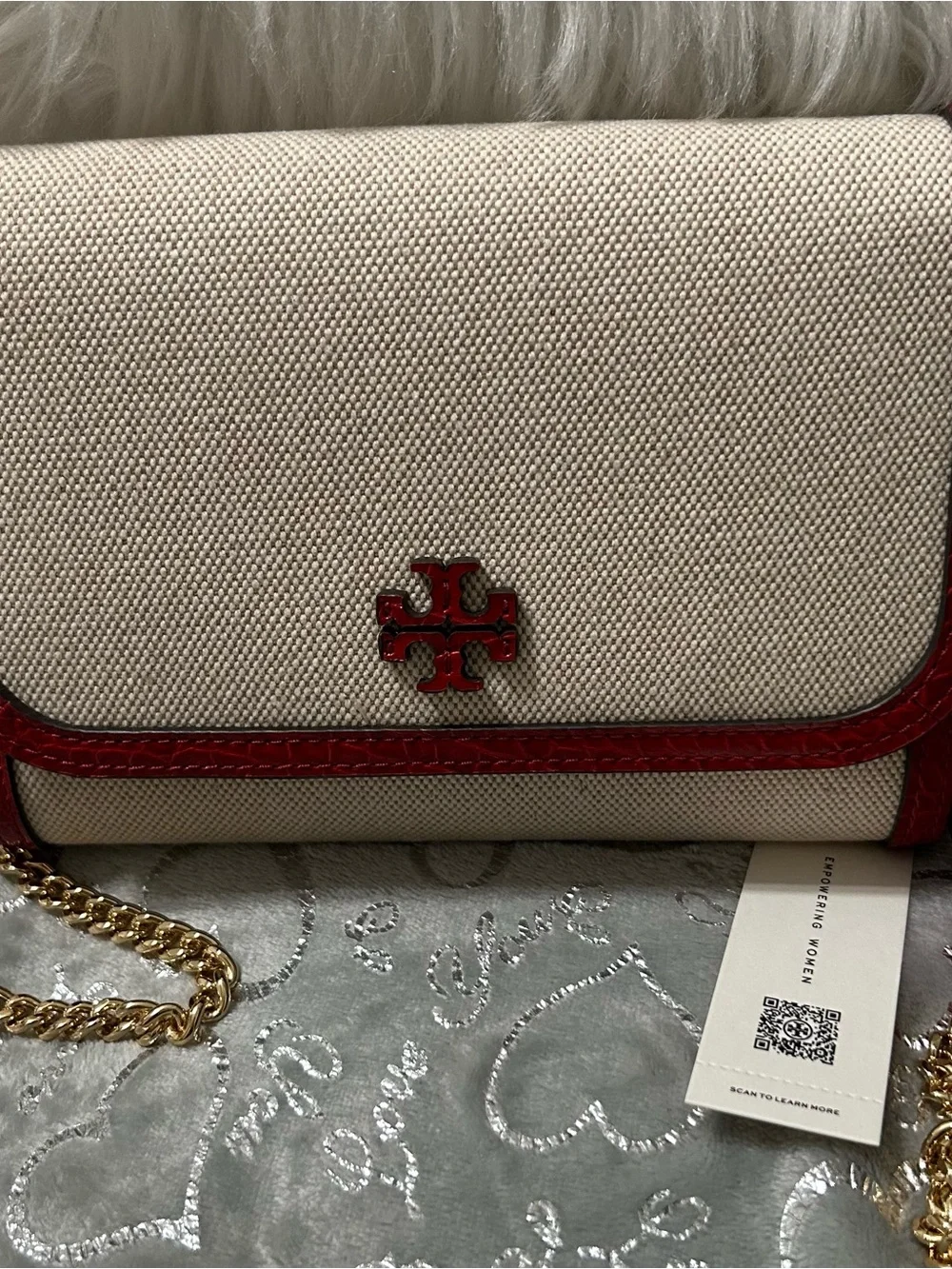 NWT Tory Burch Eleanor, Small, White/Red Convertible canvas bag w/Gold Chain